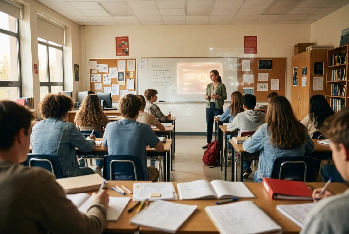 A classroom setting with a teacher's workspace