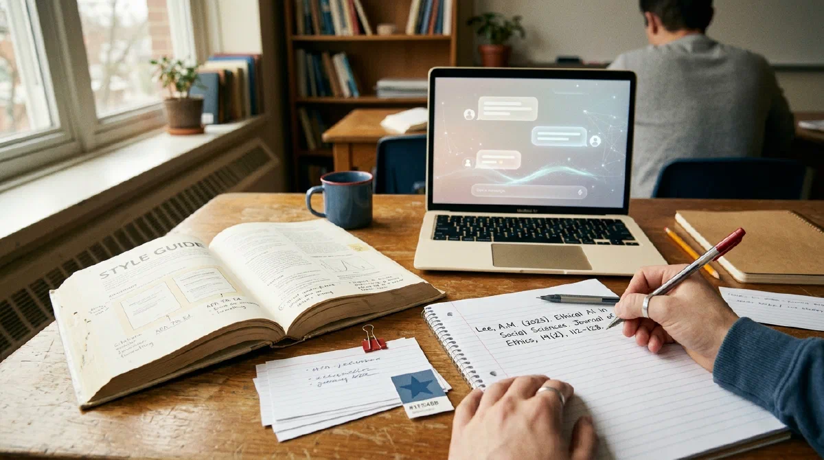 An open style guide, index cards, and a laptop on a desk where a citation is being written