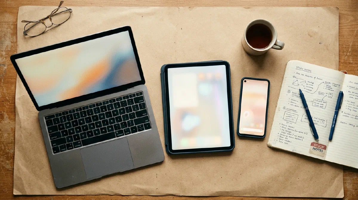 A laptop, tablet and phone arranged as tools under review beside a notebook for taking notes