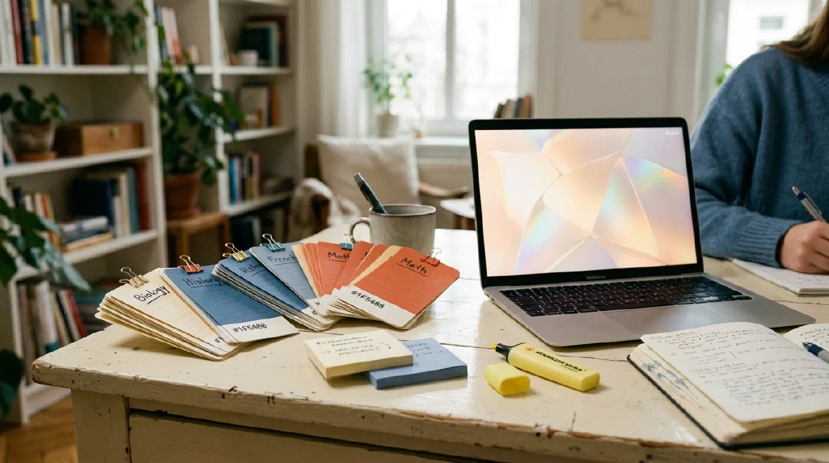 Color-coded flashcards fanned out beside a laptop and highlighter