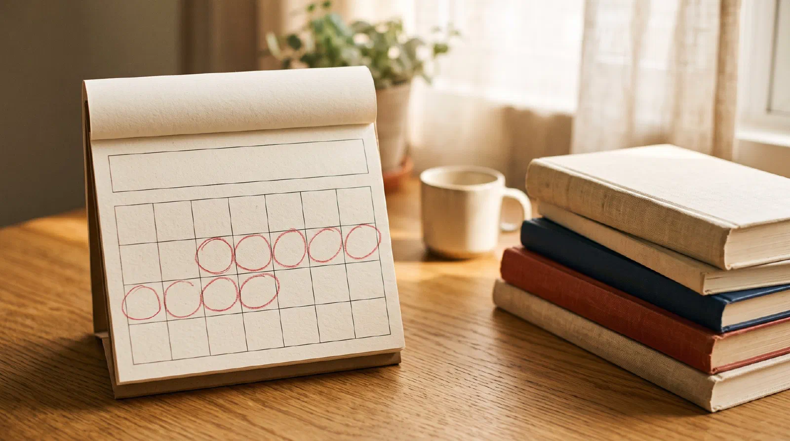 A paper desk calendar without numbers with two weeks circled by red pencil marks