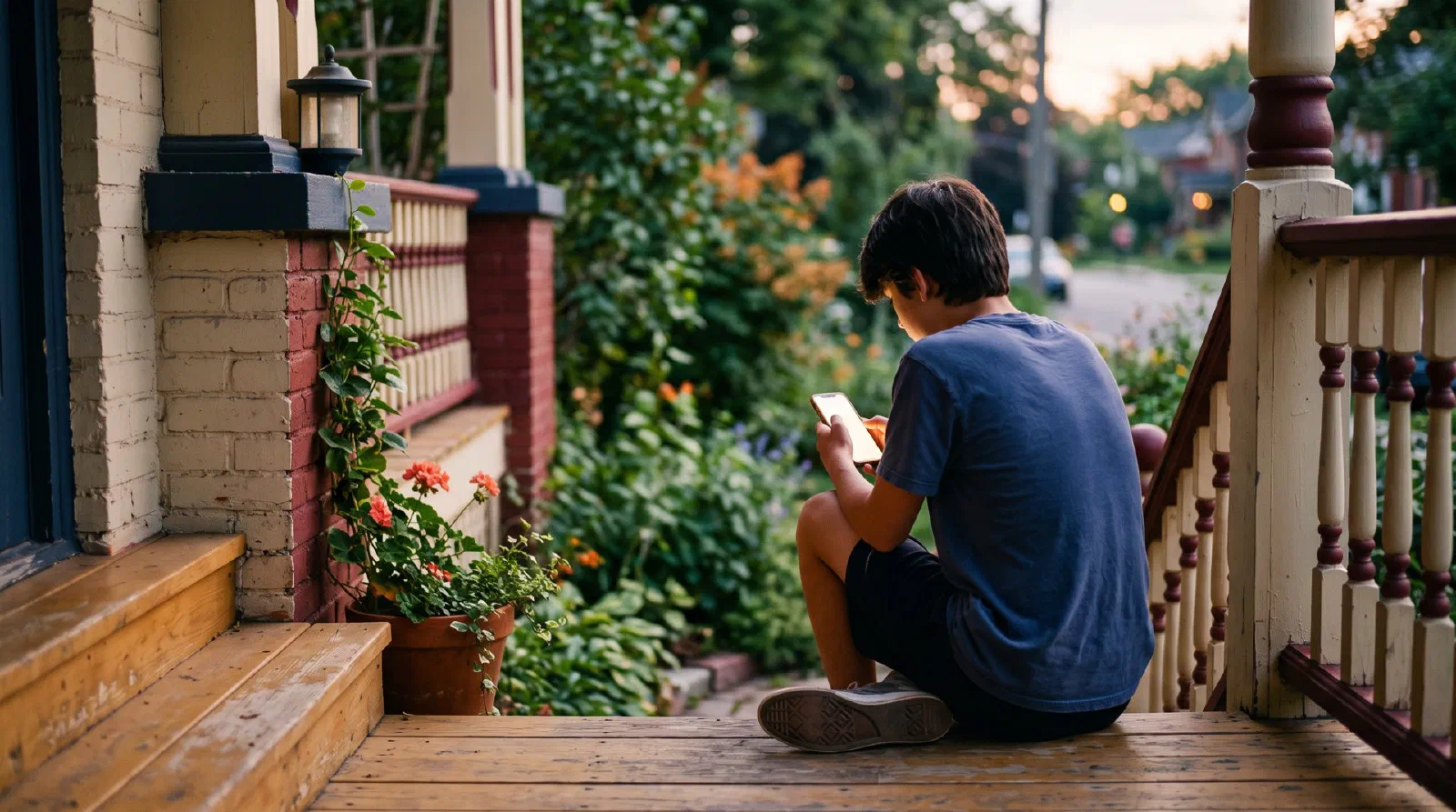 A teenager sitting on porch steps in summer holding a phone with a soft glow