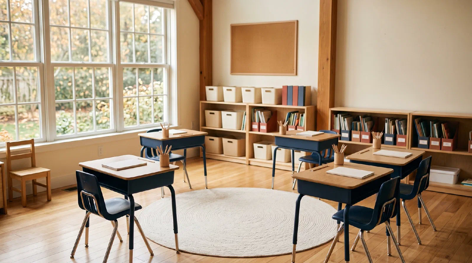 A calm organized classroom with labeled-free bins