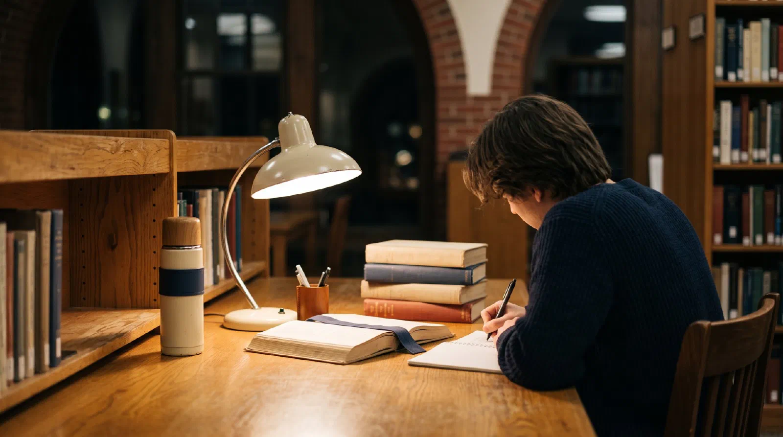 A library study table at night with a desk lamp