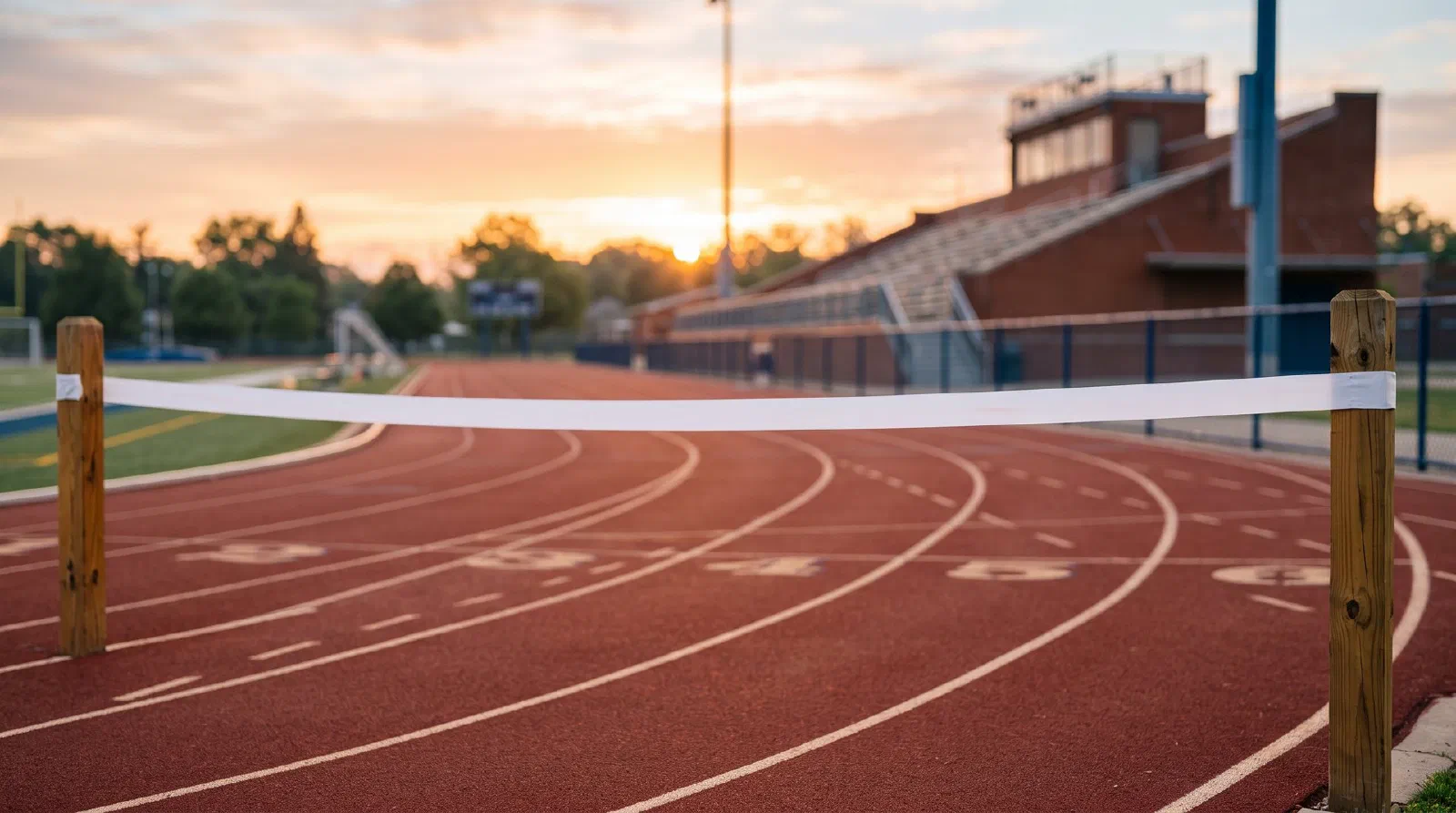 A runner's finish-line tape crossing a school track at sunrise