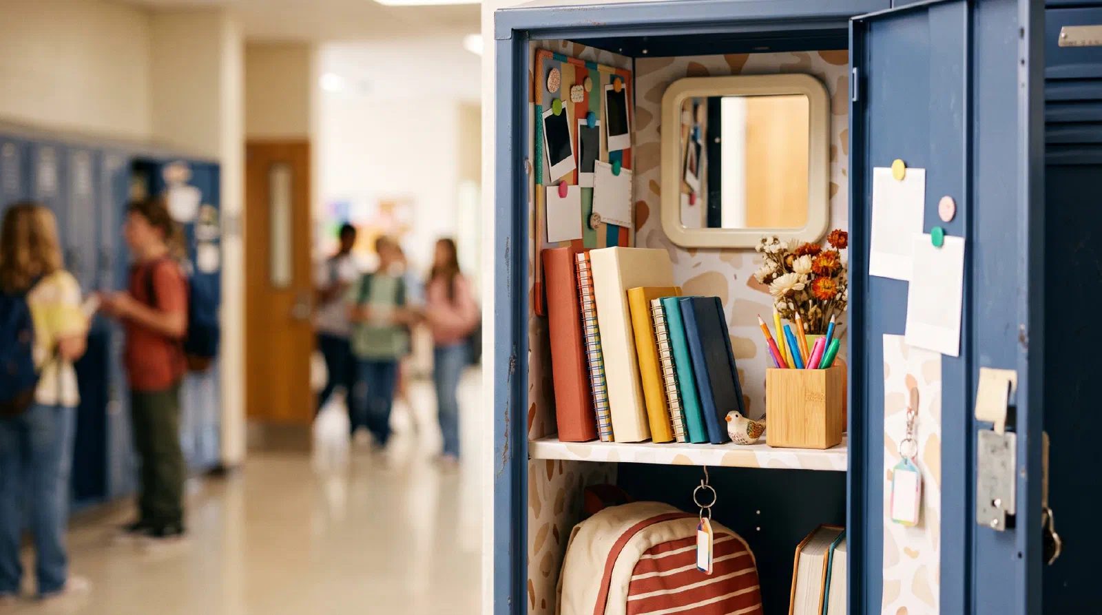 A middle school student's colorful locker interior with notebooks and a small mirror