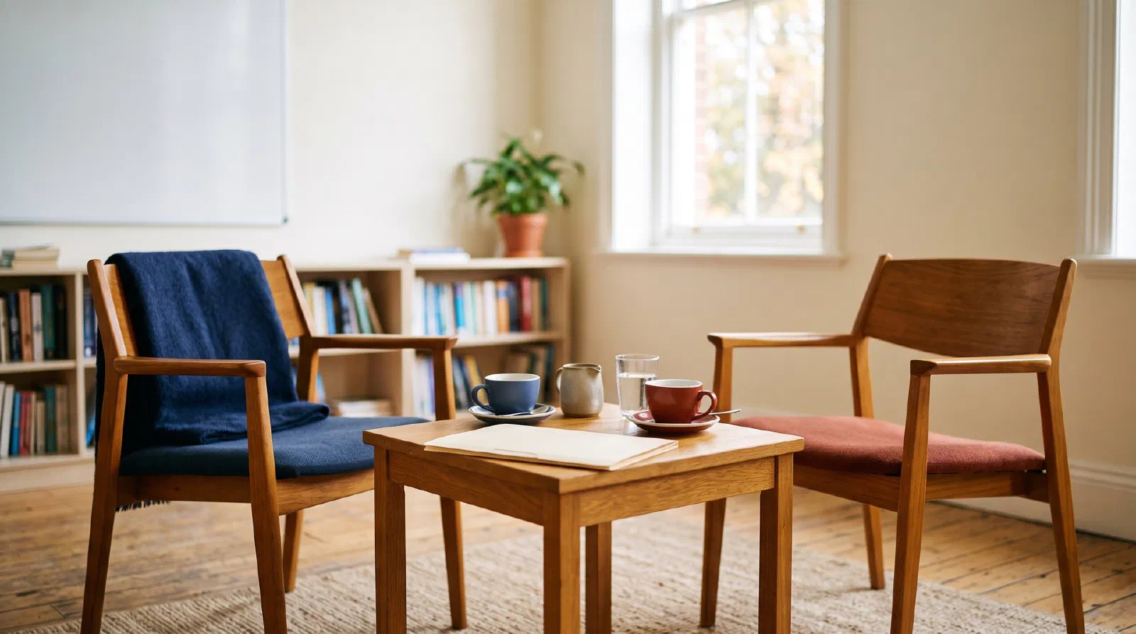 Two chairs facing each other at a small table in a classroom with a folder and two coffee cups