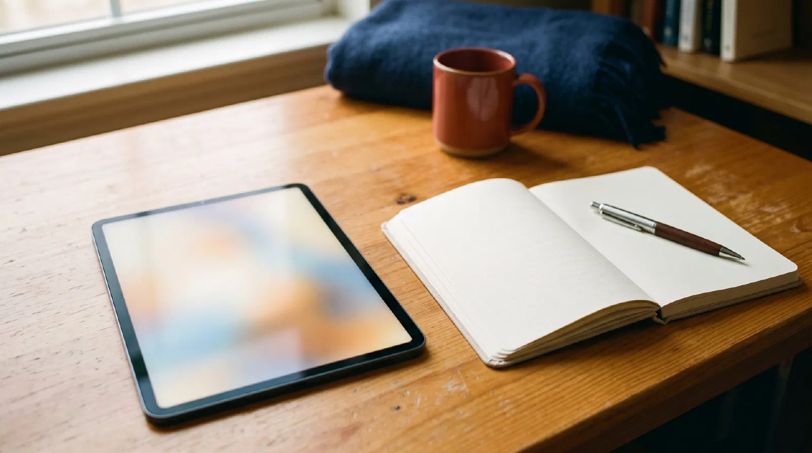 A student desk with a tablet showing a soft abstract glow