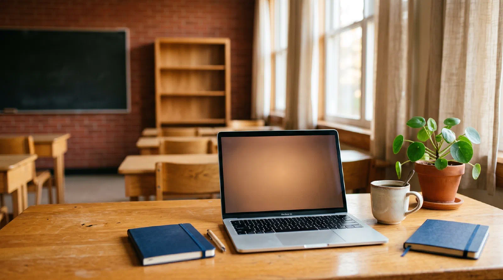A teacher's laptop on a desk in an empty classroom with a soft glowing screen