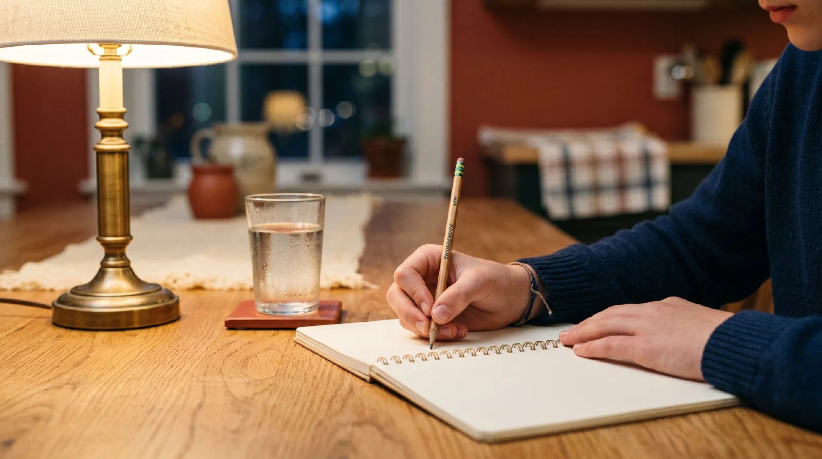 A teenager's hands working at a kitchen table in the evening with an open blank notebook