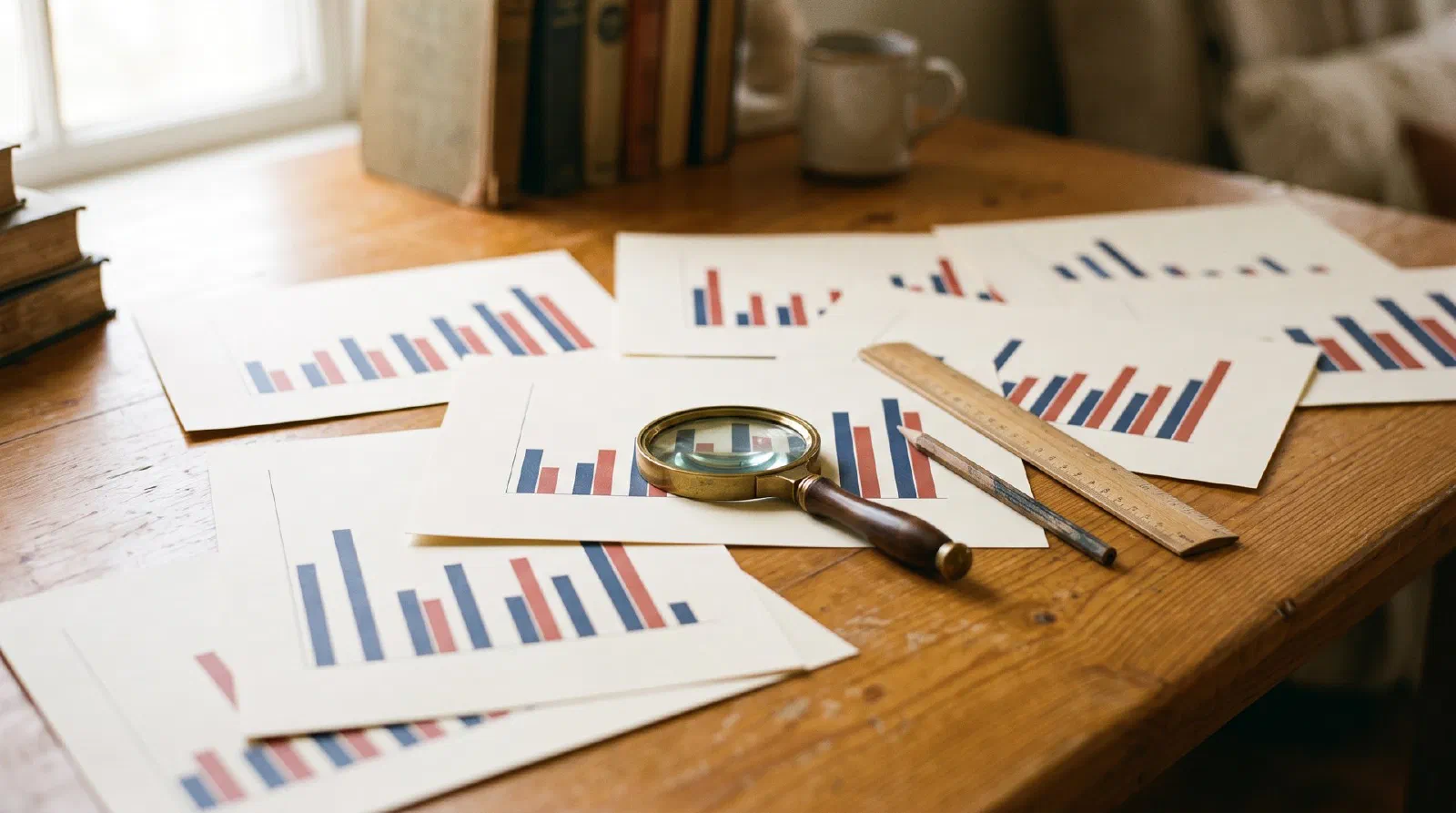 Printed bar charts without labels spread on a wooden desk with a magnifying glass
