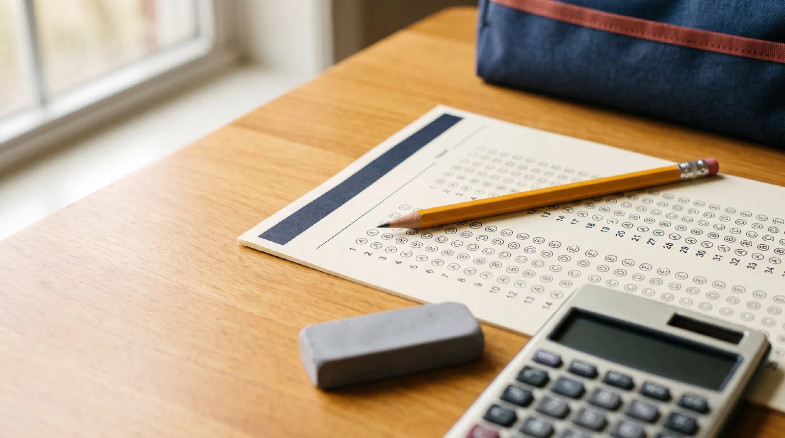 A sharpened No. 2 pencil resting on a blank answer sheet with empty bubbles