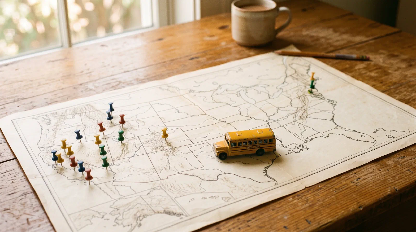 A vintage paper map of the United States without any labels spread on a desk with colored pushpins and a school bus toy