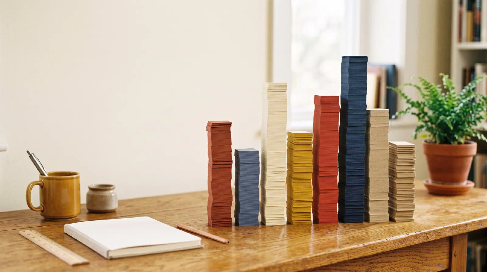 Rows of colorful stacked paper strips of different heights on a desk forming a bar chart