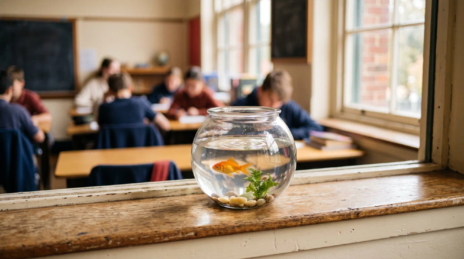 A goldfish in a round glass bowl on a classroom windowsill with blurred students in the background