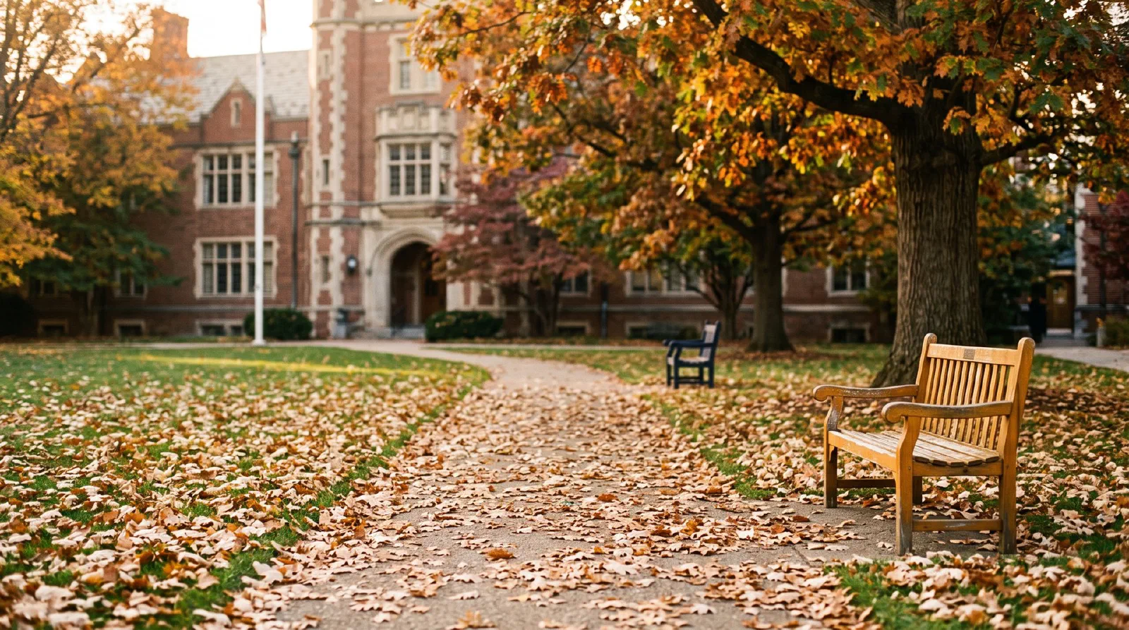 A quiet college campus quad in autumn with empty benches and fallen leaves
