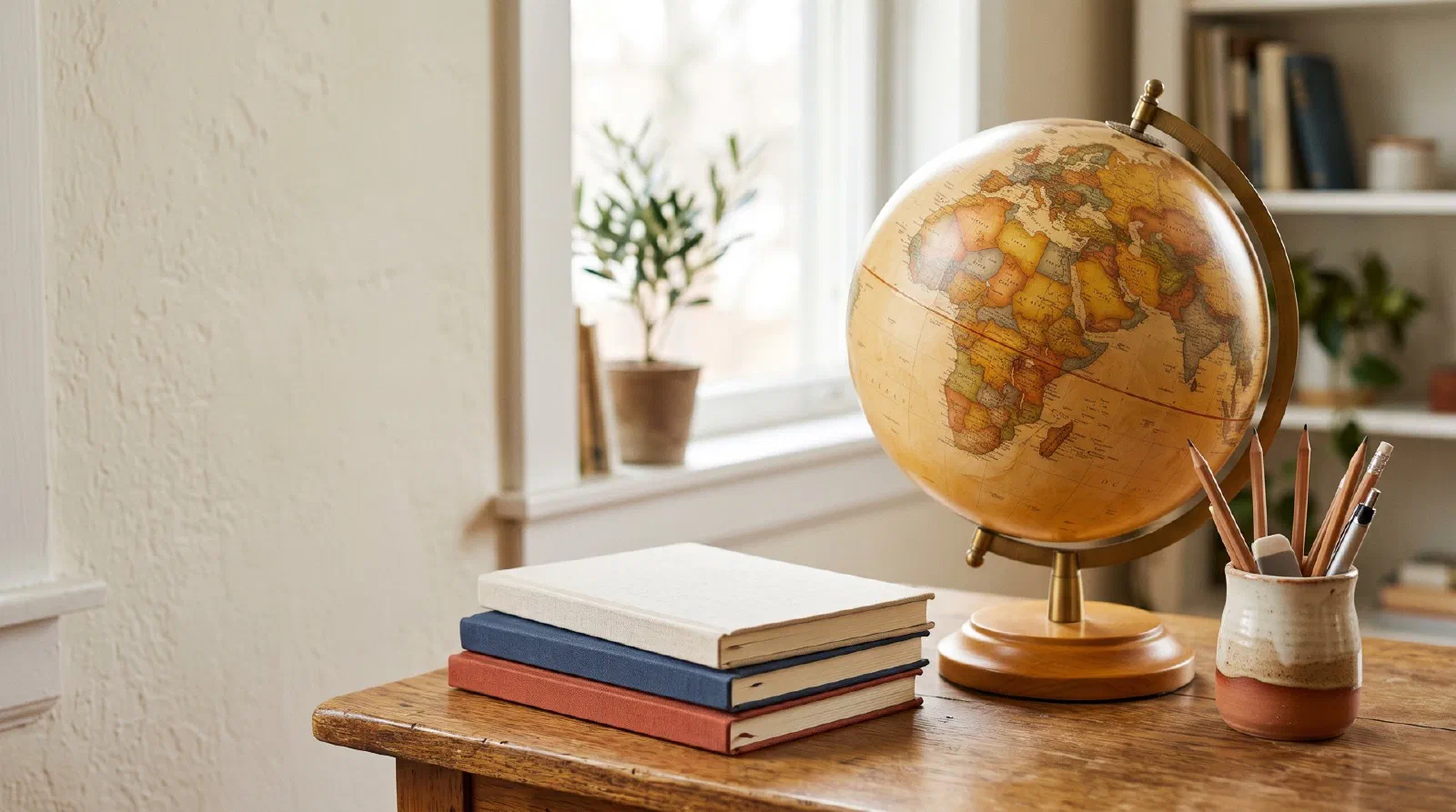 A spinning desk globe next to a stack of notebooks and a pencil cup