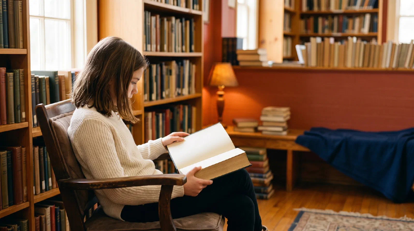 A young student reading a hardcover book in a cozy school library corner
