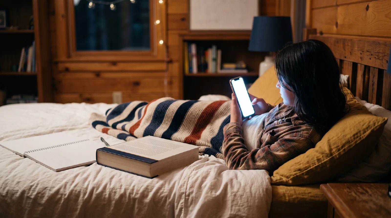A teenager on a bed at night with a phone glow lighting the room and an untouched textbook beside them