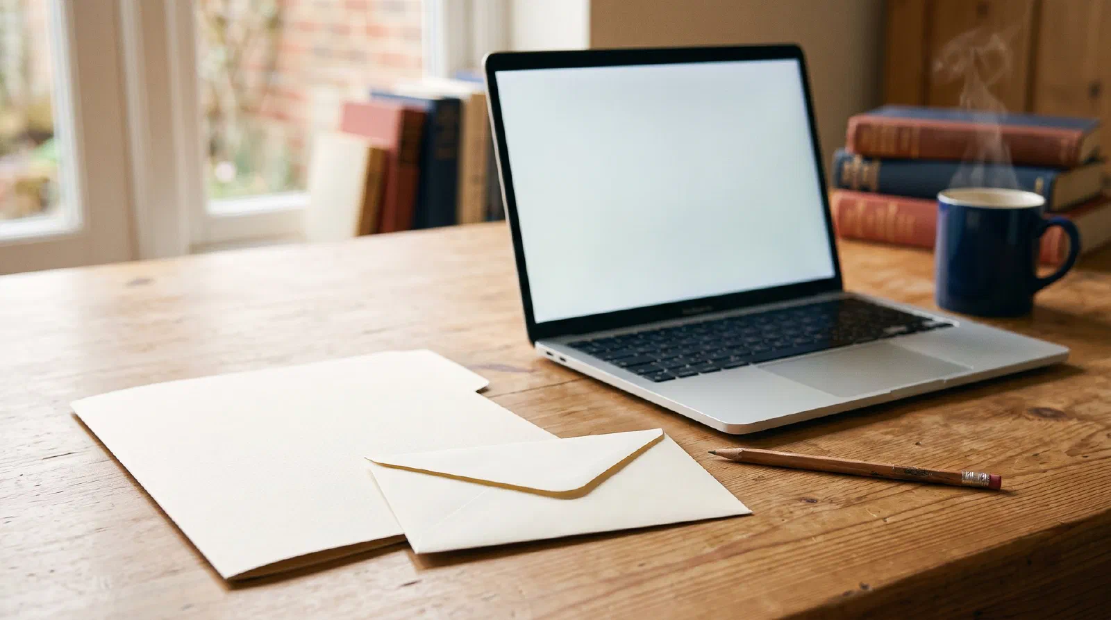 A college application folder and a sealed envelope on a desk next to a pencil and an open laptop