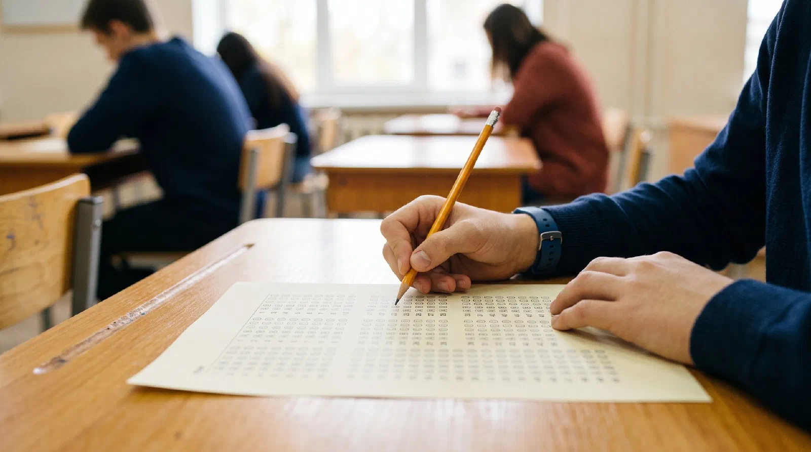 A student's hands with a pencil over a blank bubble answer sheet in a quiet testing room
