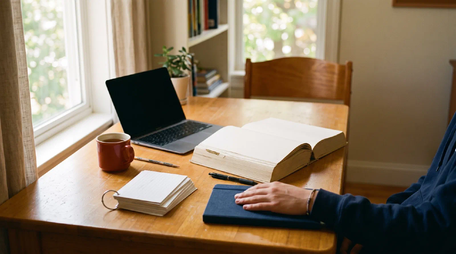 A high school student's desk in May with a thick review book with a plain cover