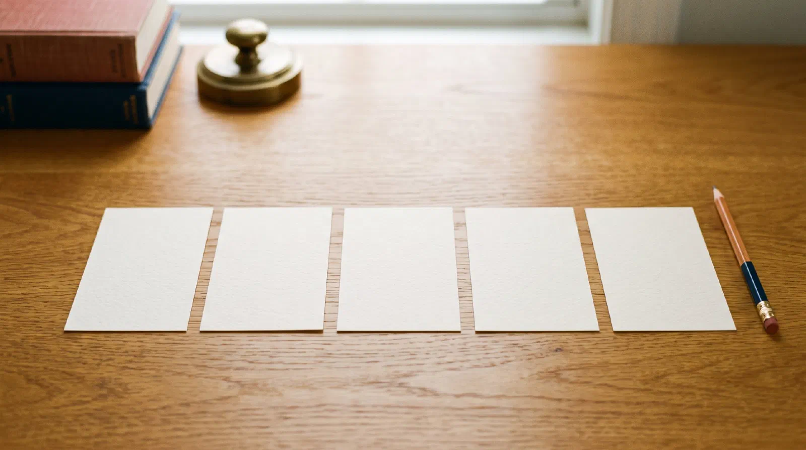 A neat row of five blank index cards on a desk with a pencil
