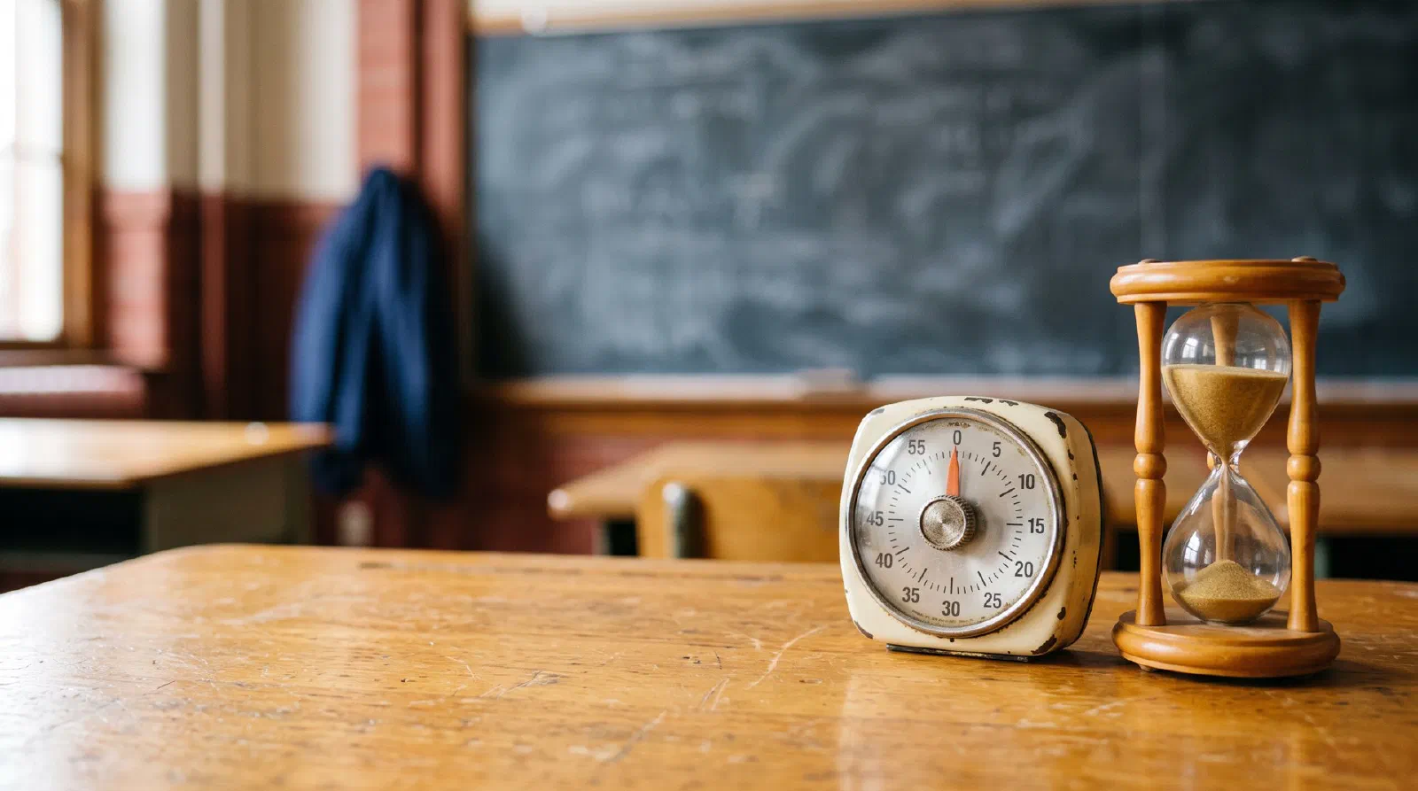 A vintage analog kitchen timer and an hourglass on a classroom desk with a blurred chalkboard behind