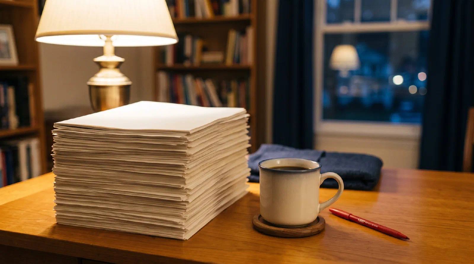 A teacher's desk with a tall stack of student papers