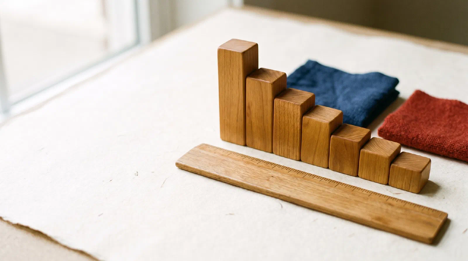A wooden ruler and a set of graduated wooden blocks of different heights on cream paper