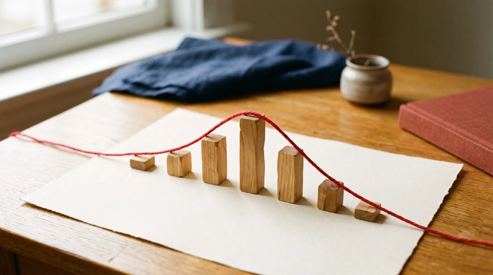 A smooth bell-shaped curve made of a thin red string laid on cream paper