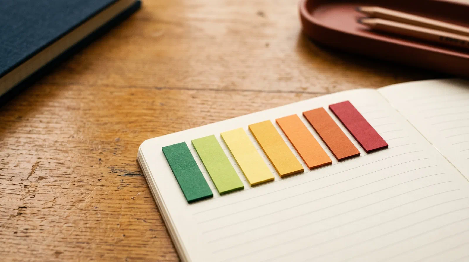 A row of colored paper tabs from green to red arranged on a desk