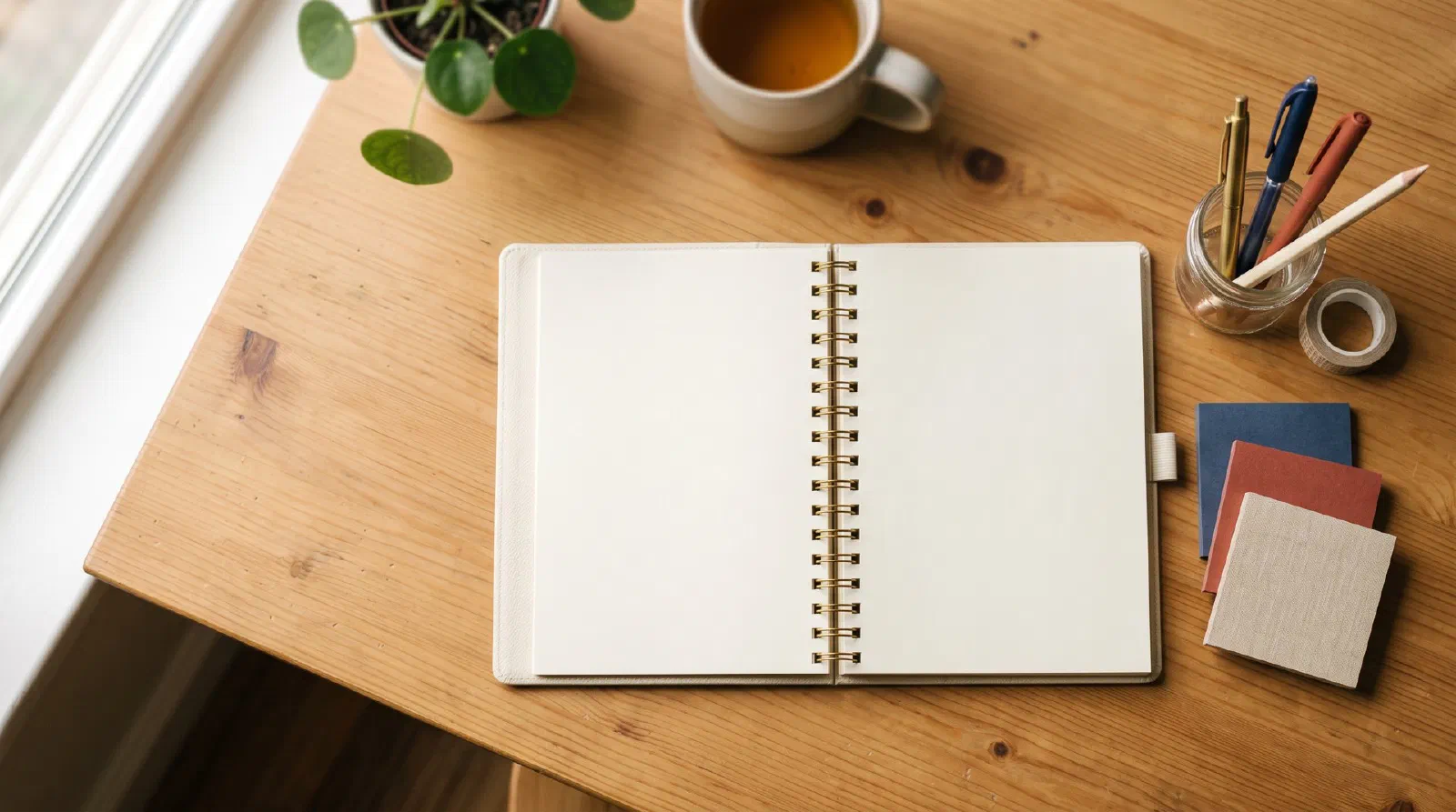 An open weekly paper planner with blank pages