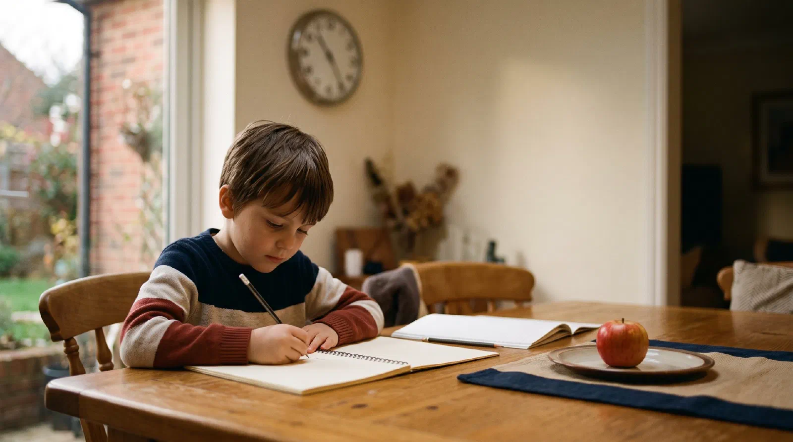 A child doing homework at a dining table with a wall clock blurred in the background and an apple