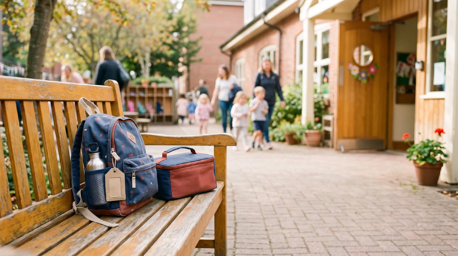 A small child's backpack and lunchbox on a bench at a cheerful kindergarten entrance
