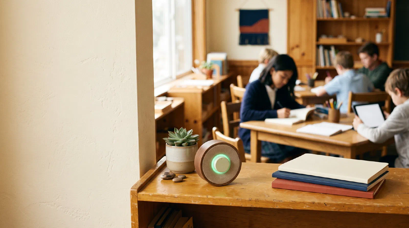A calm classroom corner with a small speaker shaped like a soft round dial glowing green