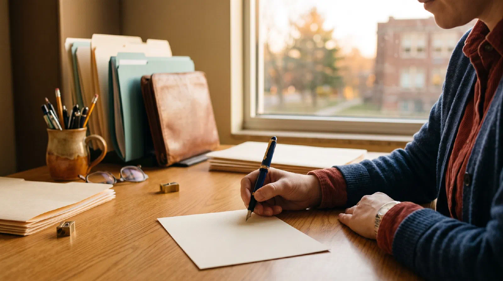 A teacher writing at a desk with a fountain pen over a blank card