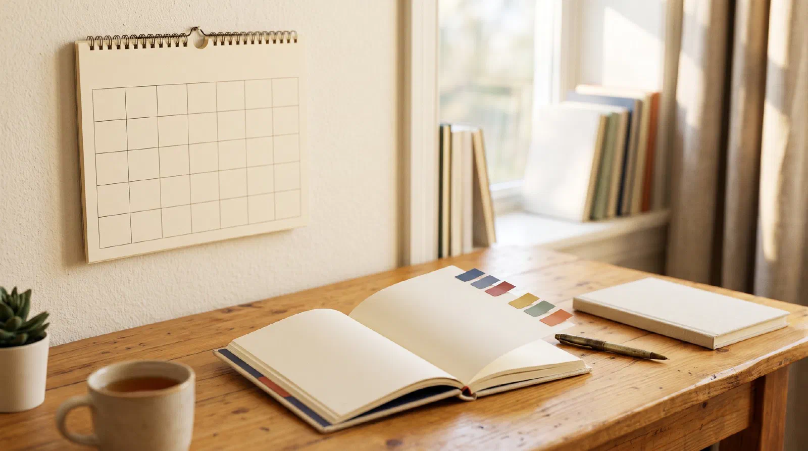 A wall calendar without numbers and a planner on a desk with colored sticky tabs
