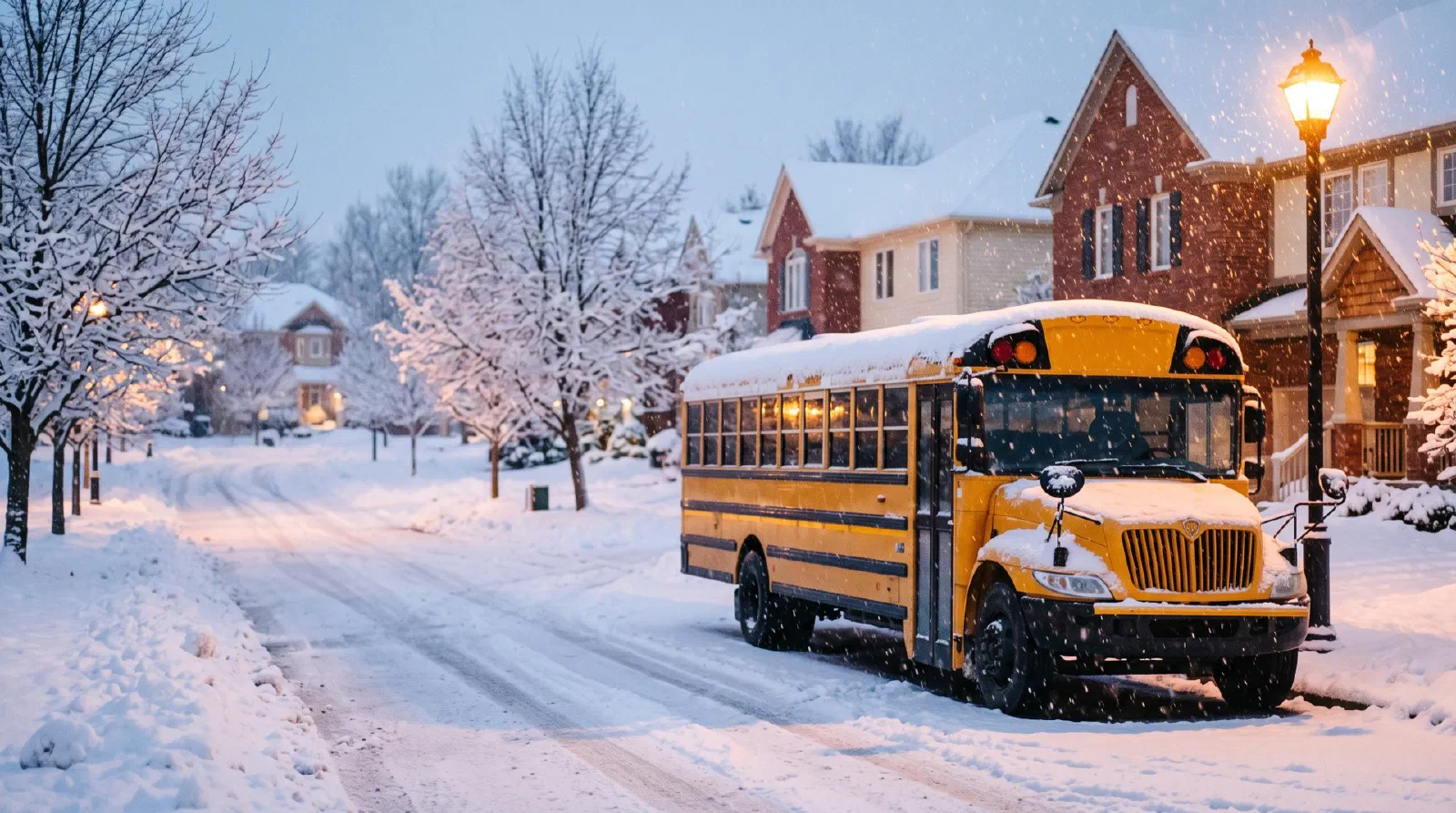 A yellow school bus parked on a snowy suburban street at dawn with heavy snowfall and glowing streetlights