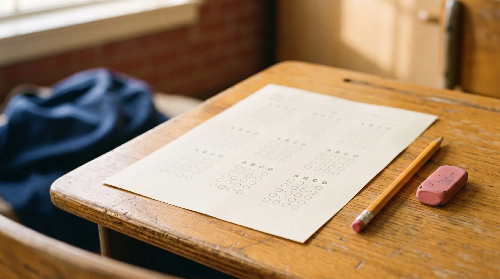 A blank multiple-choice test paper with a pencil and eraser on a school desk