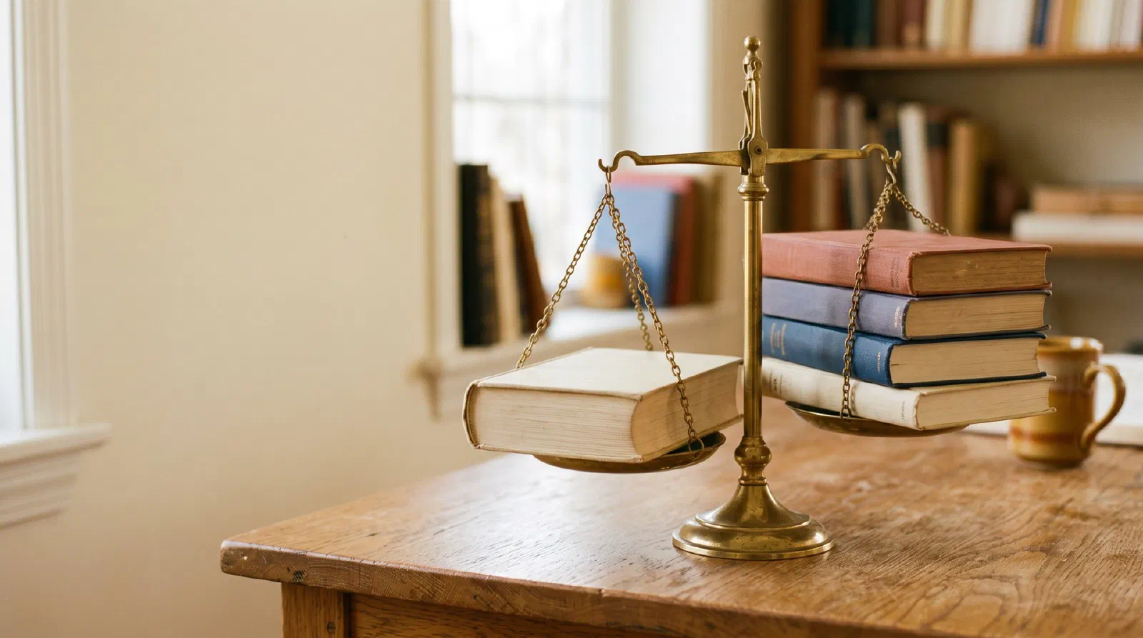 A small brass balance scale on a desk with textbooks of different thickness on each side