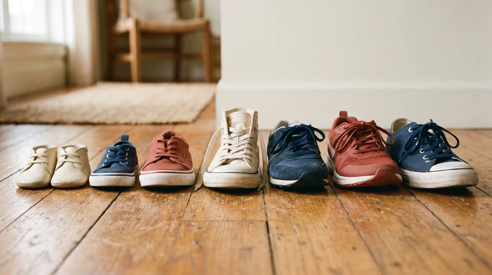 A row of children's sneakers of increasing sizes lined up on a wooden floor